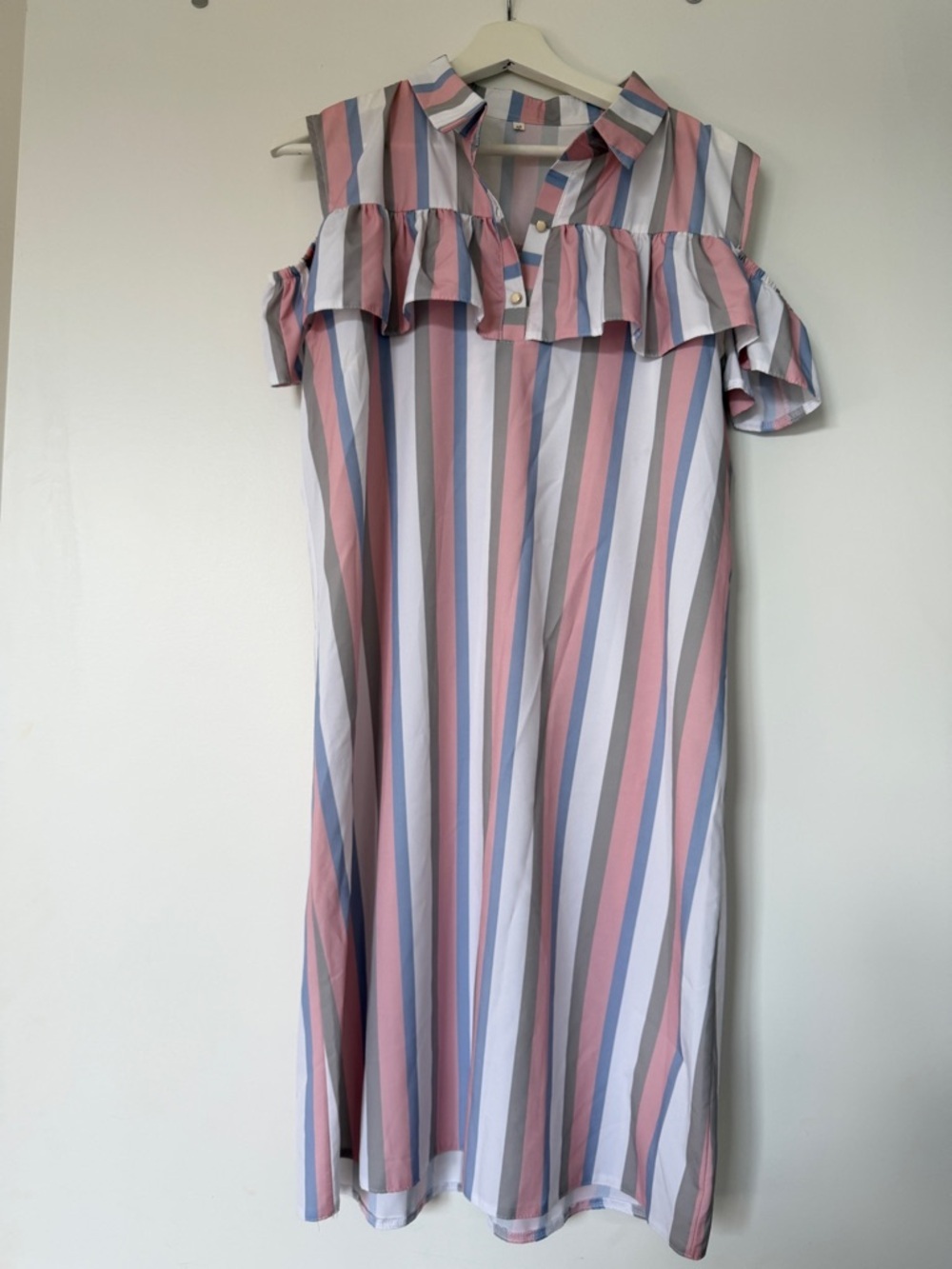 Striped Cold-Shoulder Midi Dress in Pink, Blue, Gray & White - Picture 2 of 7